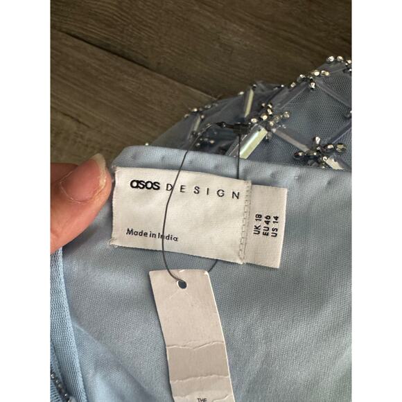 NWT ASOS DESIGN Light Blue Beaded Feather Hem Dress Size 14 Glam Formal Gown - Picture 4 of 16